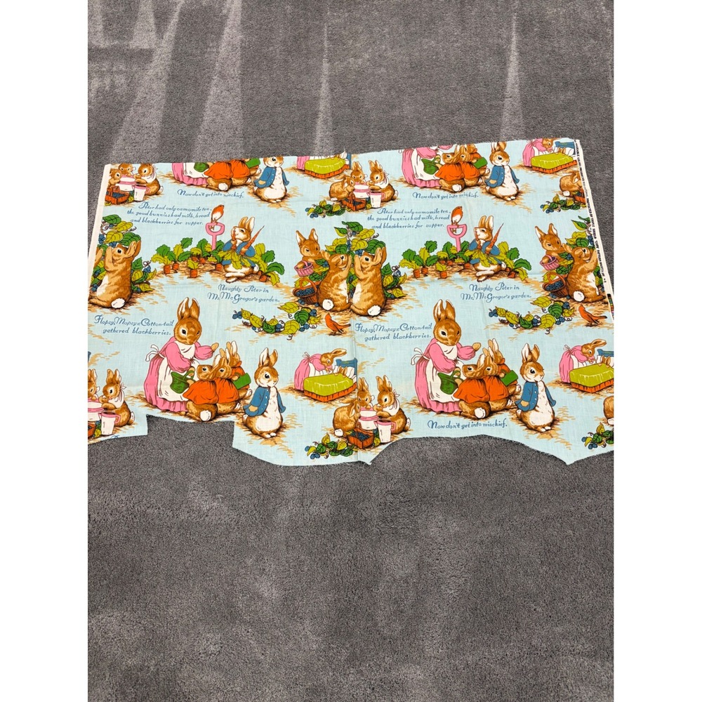 Vintage Beatrix Potter Peter Rabbit Cotton Fabric Remnant Blue Storybook Print